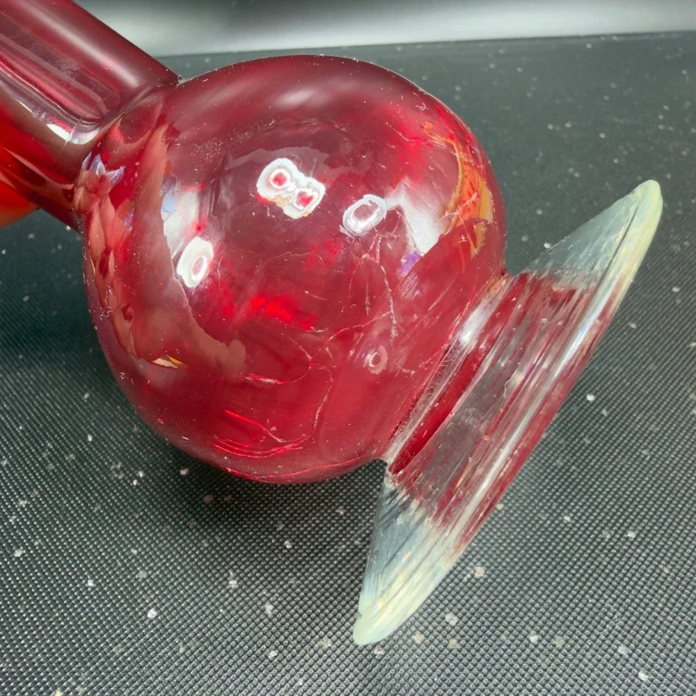 Vintage Ruby Red Crackle Art Glass Bud Vase Ruffled‎ Rim Clear Base 1990s Vase